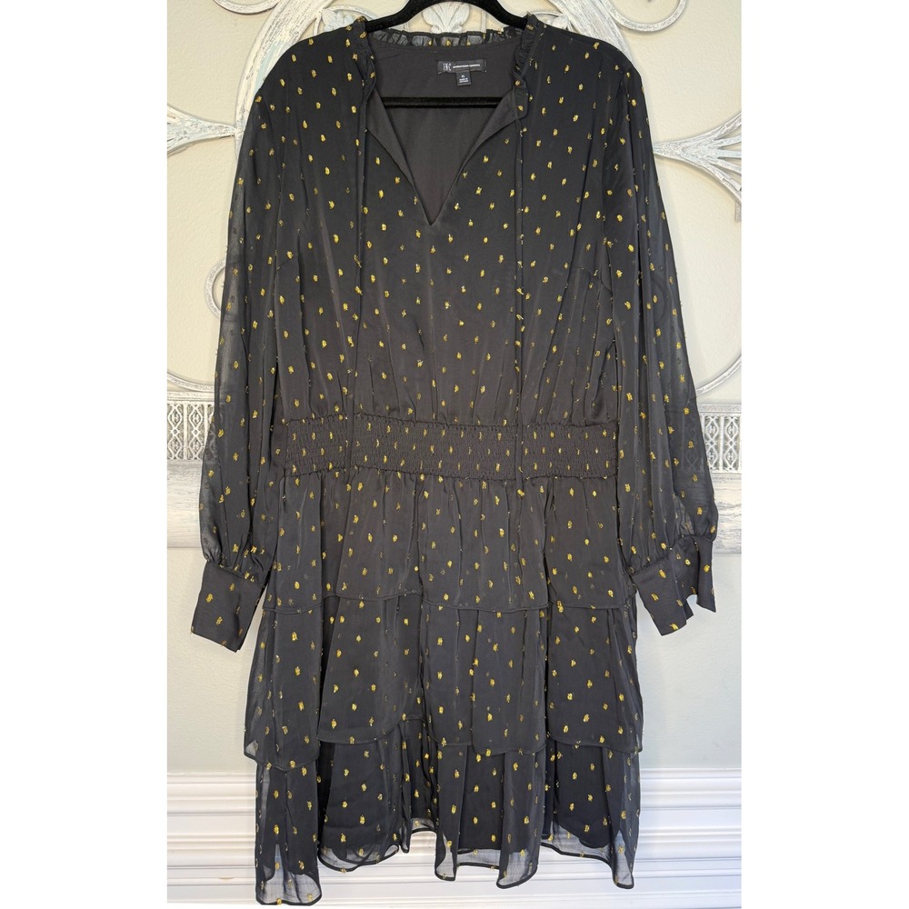 INC International Concepts Womens XL Black Gold Metallic Clip Dot Tiered‎ Dress